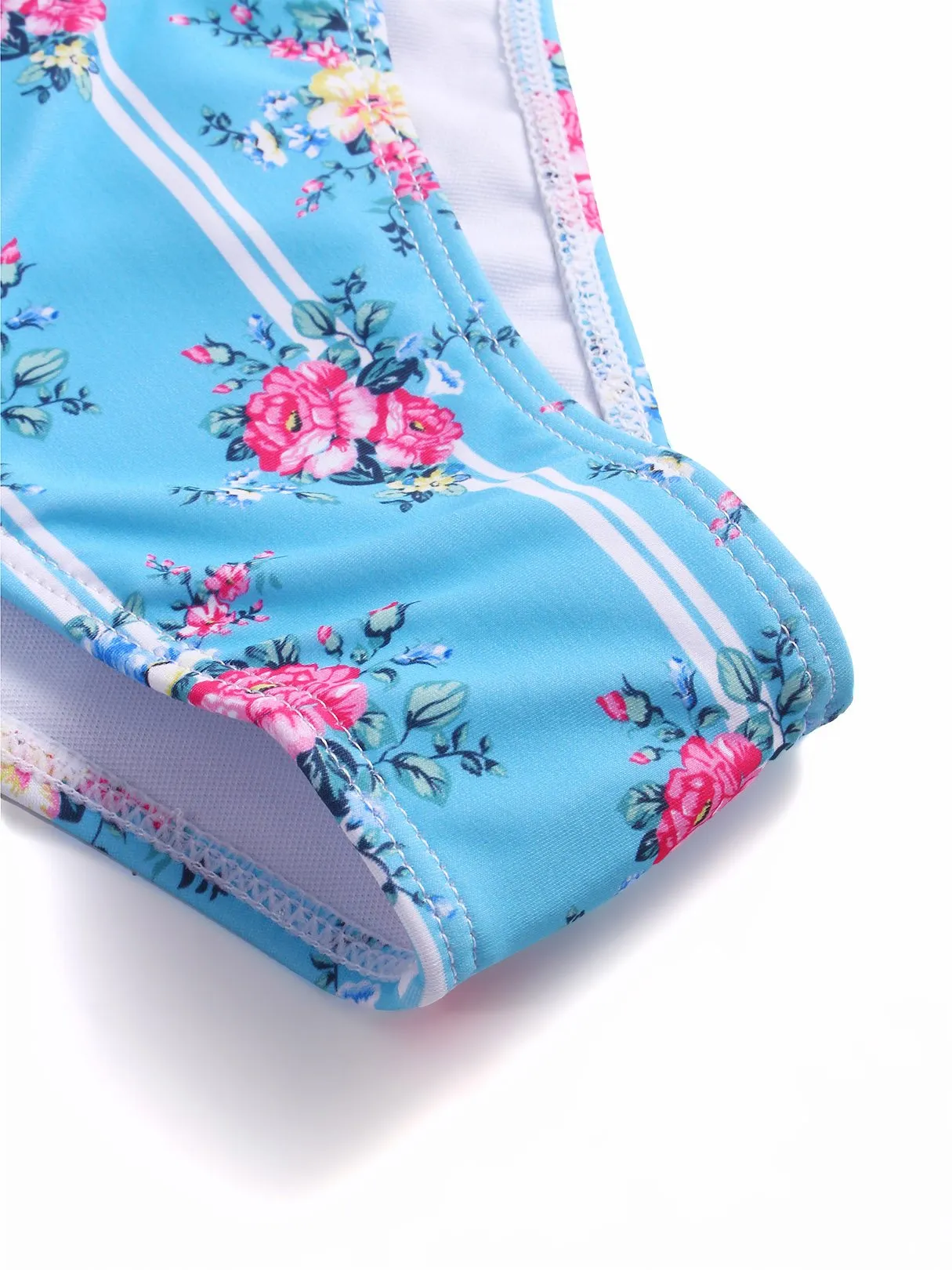 Wholesale Round Neck Sleeveless Floral Print Tie-Up Ruffle Trim Ruffle Hem Two Piece Bikinis