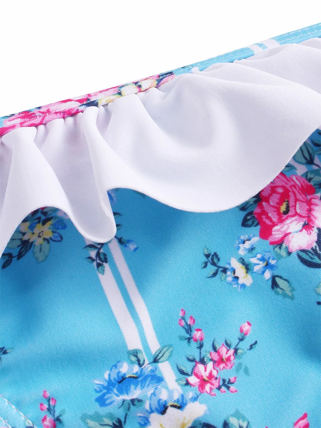 Wholesale Round Neck Sleeveless Floral Print Tie-Up Ruffle Trim Ruffle Hem Two Piece Bikinis