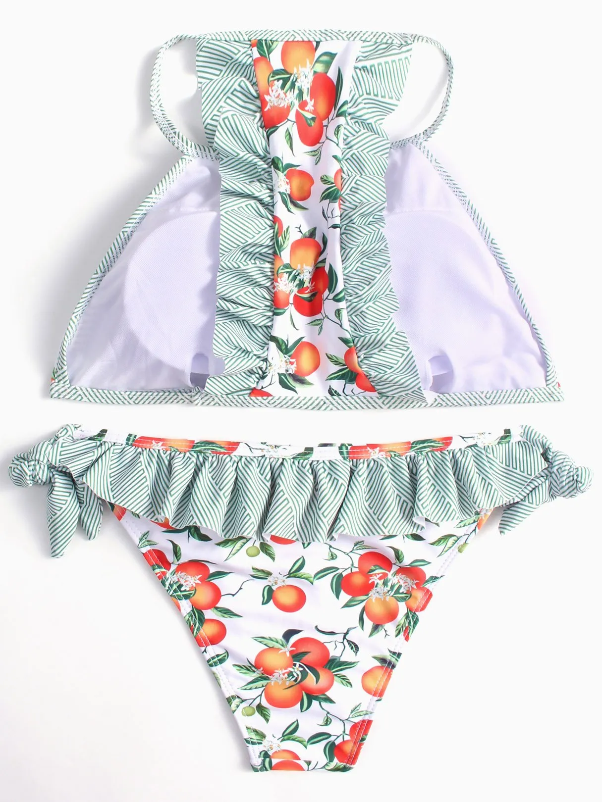 Wholesale Round Neck Sleeveless Floral Print Tie-Up Ruffle Trim Ruffle Hem Two Piece Bikinis