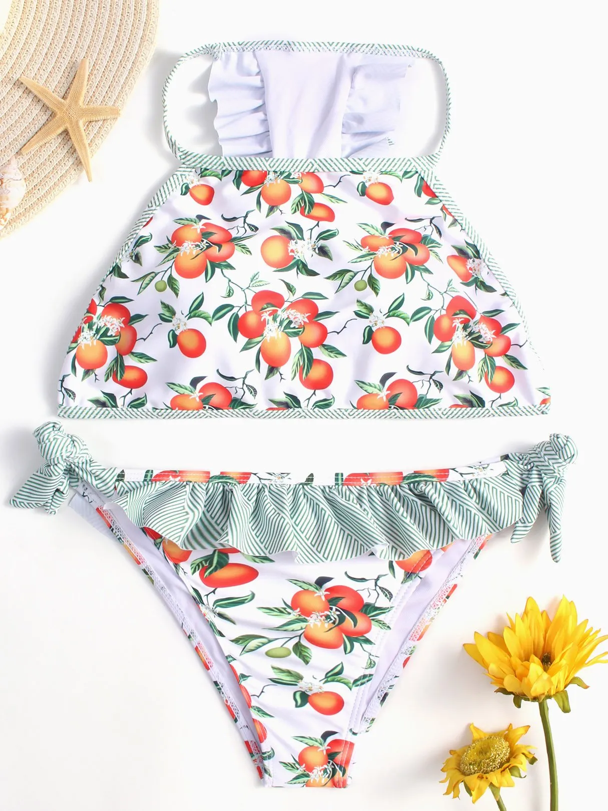 Wholesale Round Neck Sleeveless Floral Print Tie-Up Ruffle Trim Ruffle Hem Two Piece Bikinis