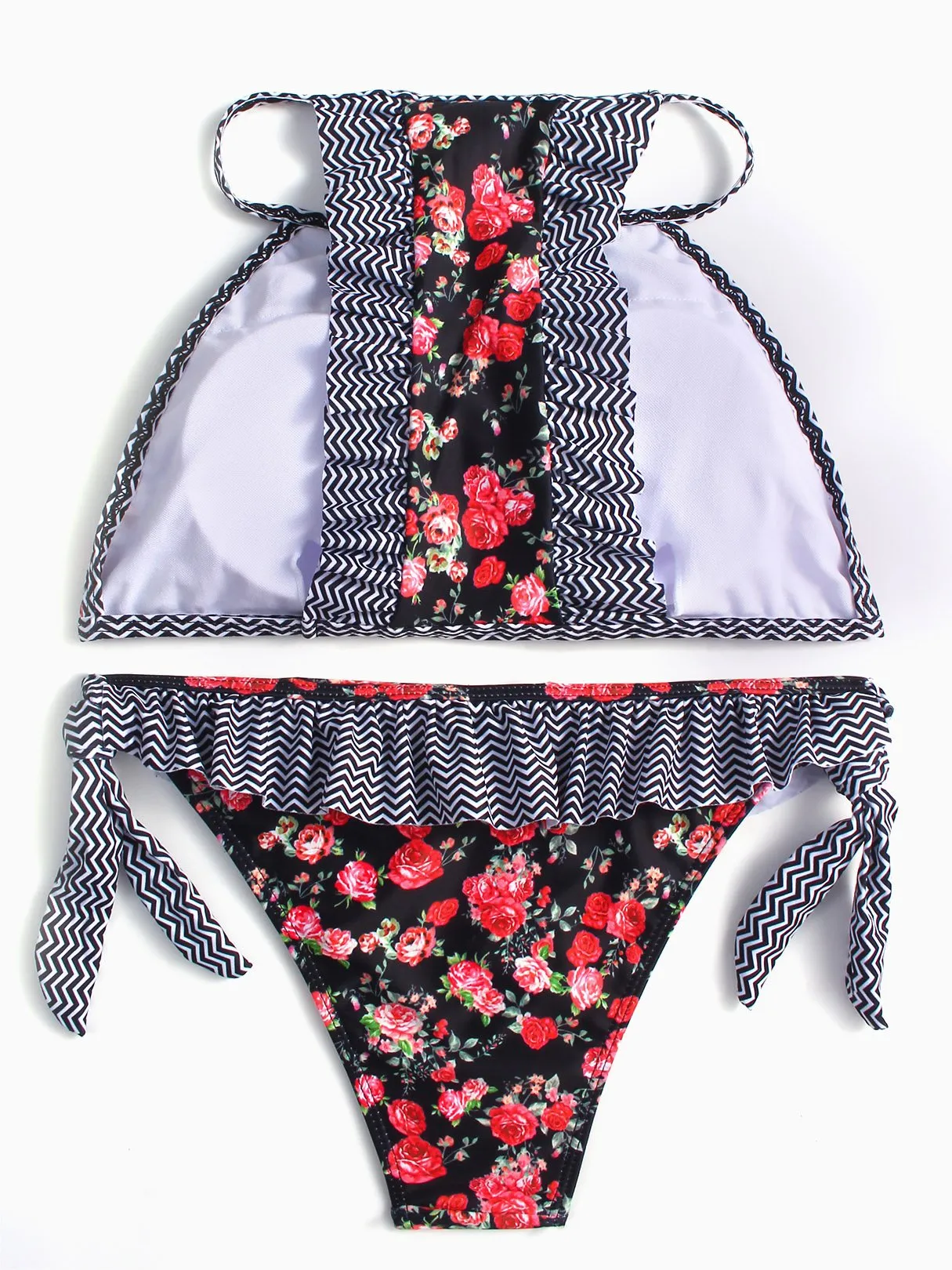 Wholesale Round Neck Sleeveless Floral Print Tie-Up Ruffle Trim Ruffle Hem Two Piece Bikinis