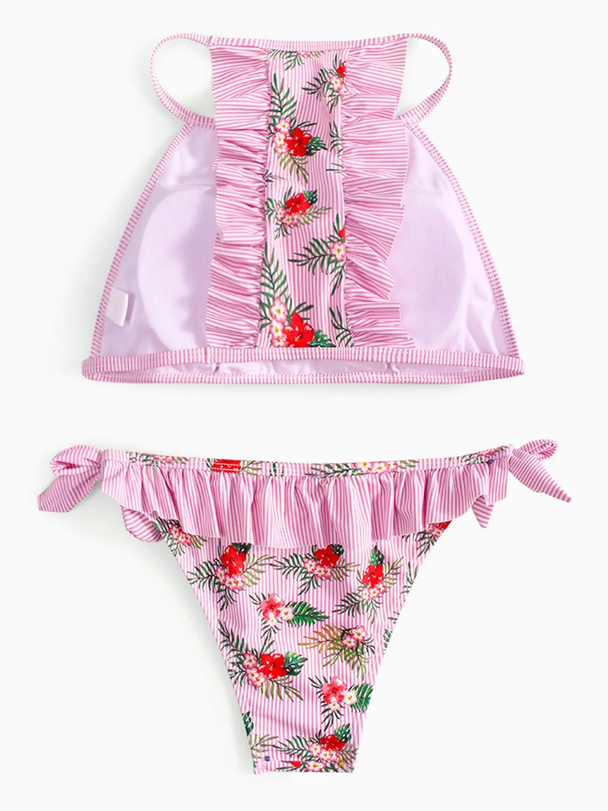 Wholesale Round Neck Sleeveless Floral Print Tie-Up Ruffle Trim Ruffle Hem Two Piece Bikinis