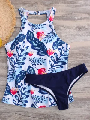 Wholesale Round Sleeveless Neck Halter Floral Print Backless Tankinis