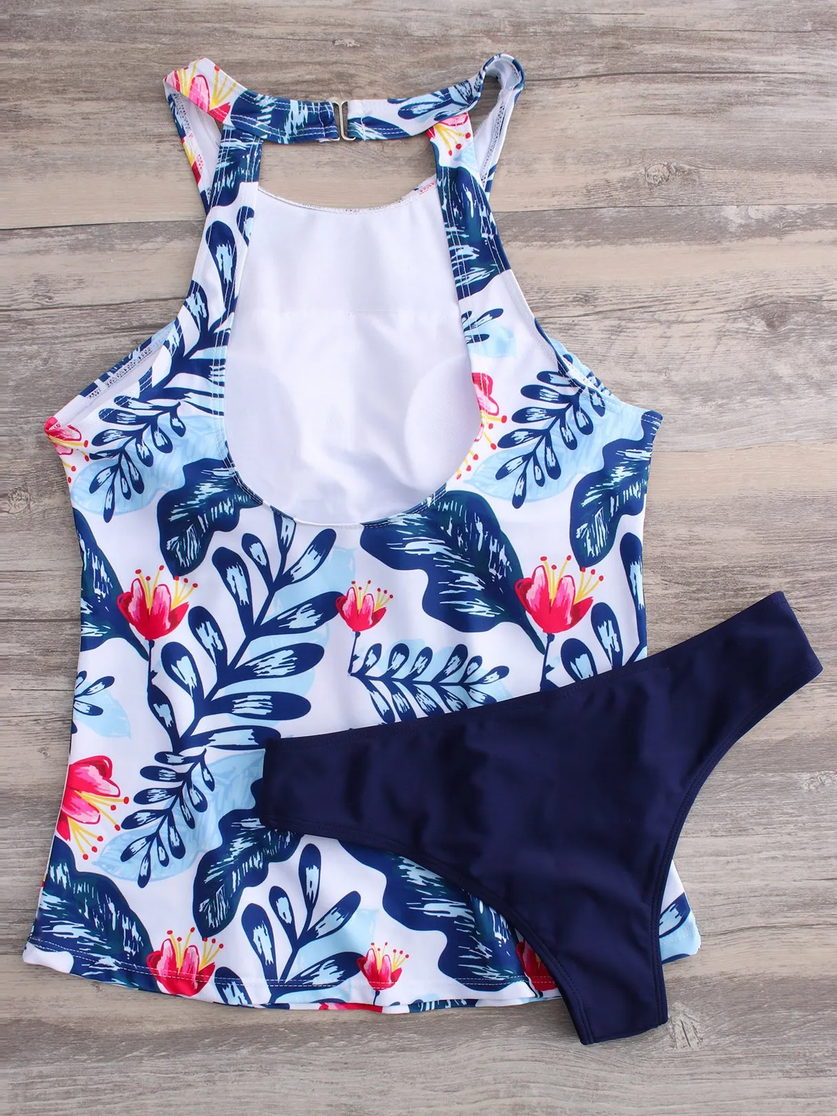 Wholesale Round Sleeveless Neck Halter Floral Print Backless Tankinis