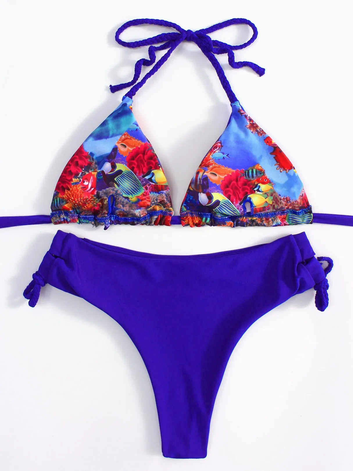 Wholesale Royal Halter V-Neck Sleeveless Printed Backless Tie-Up Bikinis