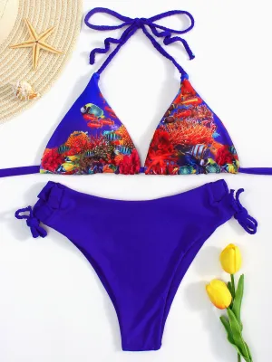 Wholesale Royal Halter V-Neck Sleeveless Printed Backless Tie-Up Bikinis