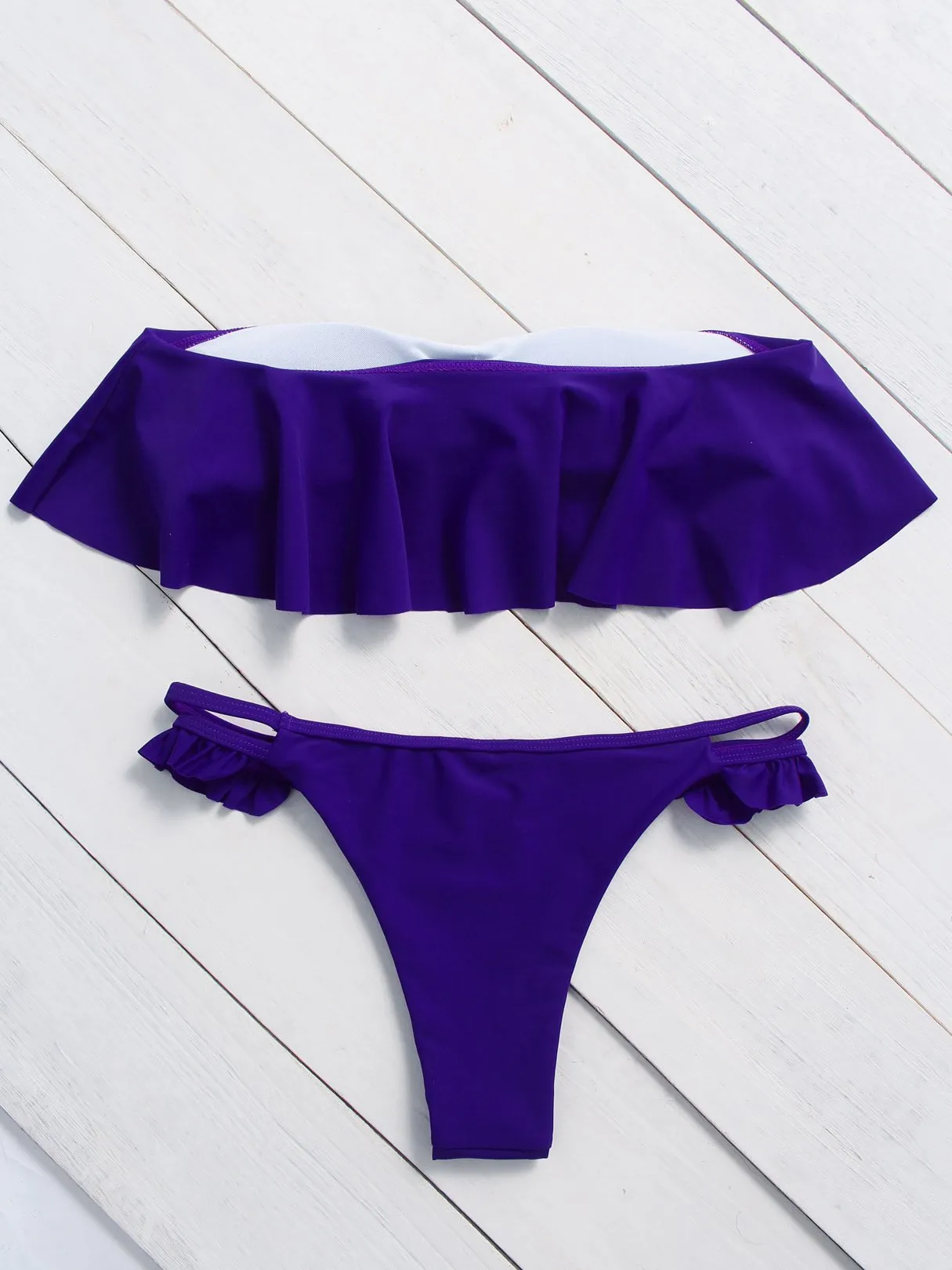 Wholesale Royal Off The Shoulder Sleeveless Plain Ruffle Hem Bikinis