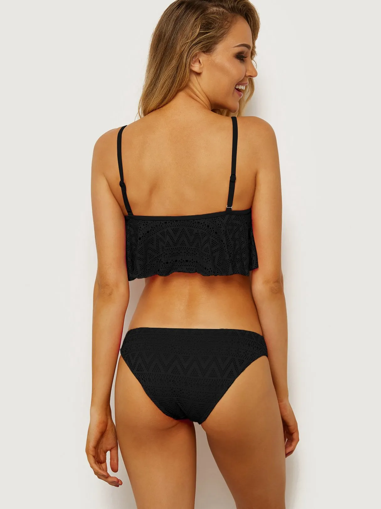 Wholesale Scoop Neck Lace Double Layer Flounced Hem Two Piece Bikinis