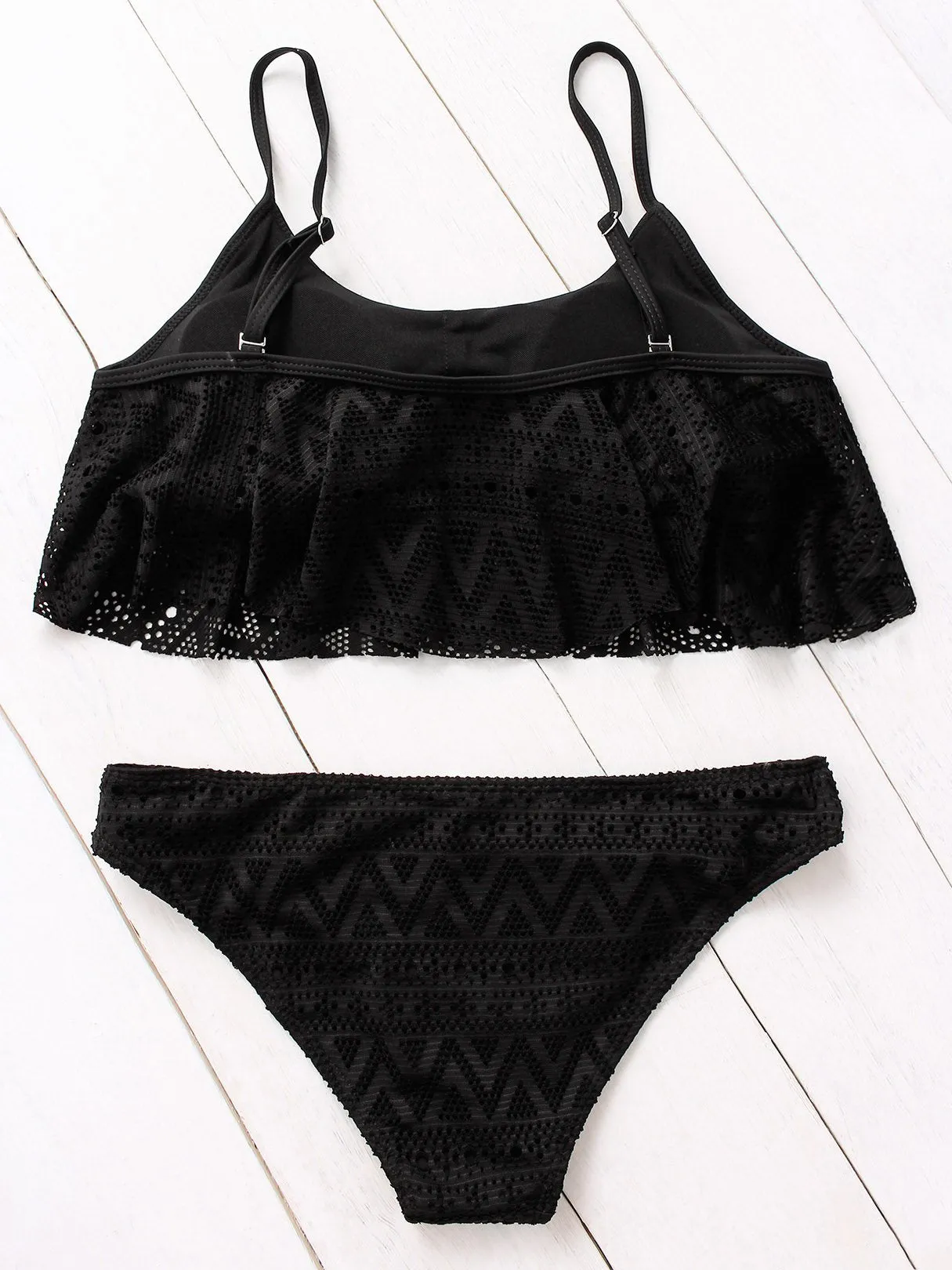 Wholesale Scoop Neck Lace Double Layer Flounced Hem Two Piece Bikinis