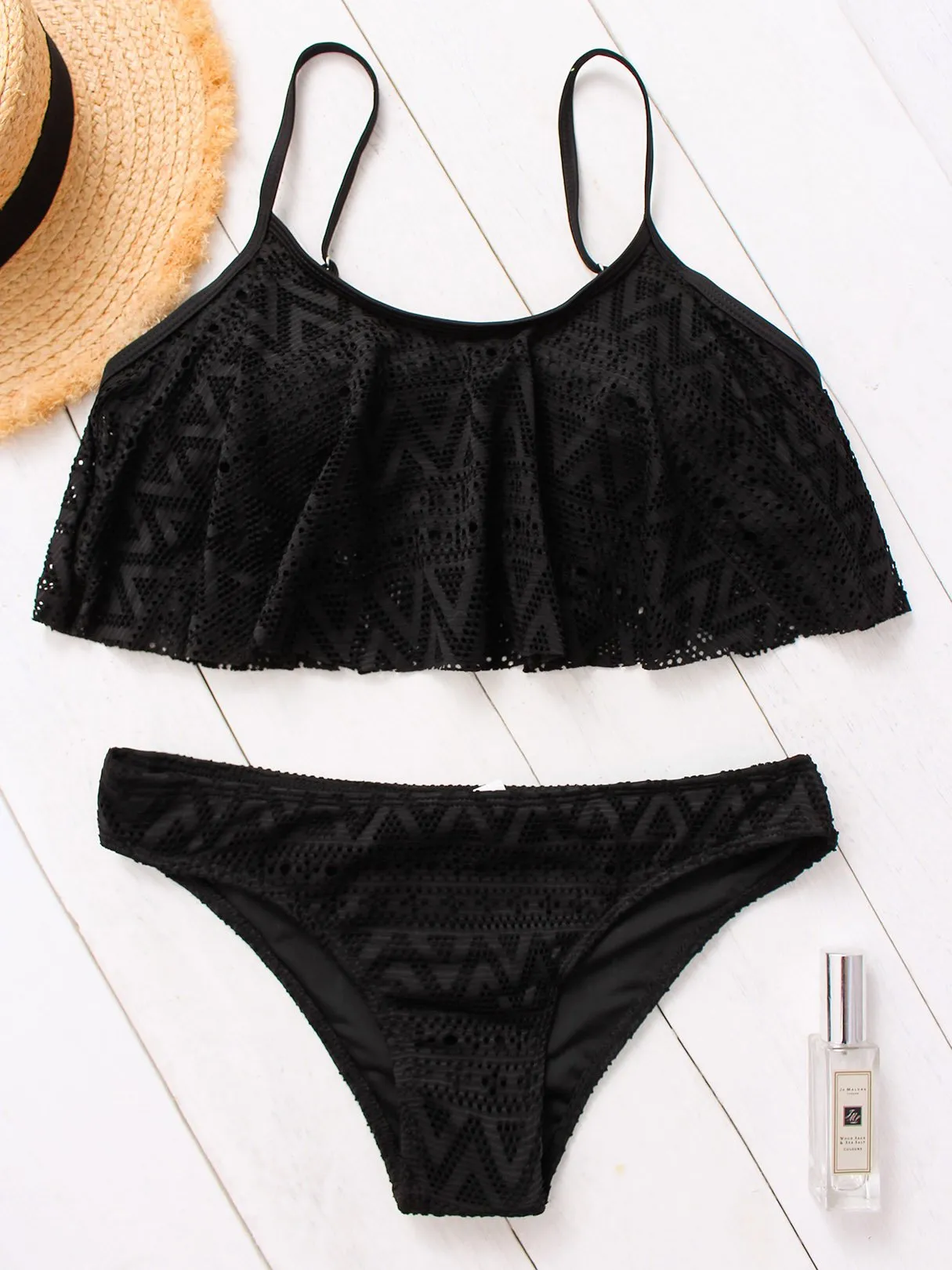 Wholesale Scoop Neck Lace Double Layer Flounced Hem Two Piece Bikinis