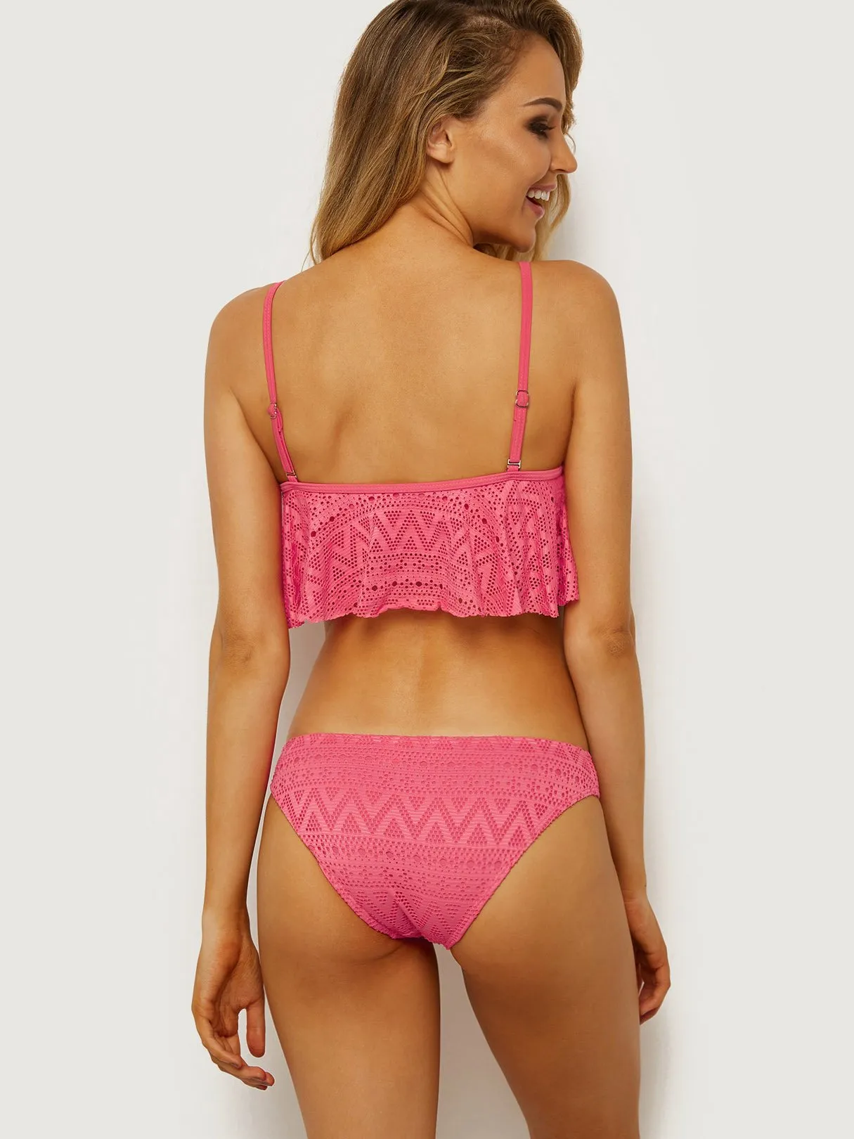 Wholesale Scoop Neck Lace Double Layer Flounced Hem Two Piece Bikinis