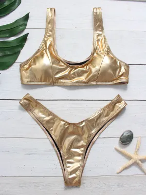 Wholesale Scoop Neck Plain High Waist 2 Piece Bikini Sets