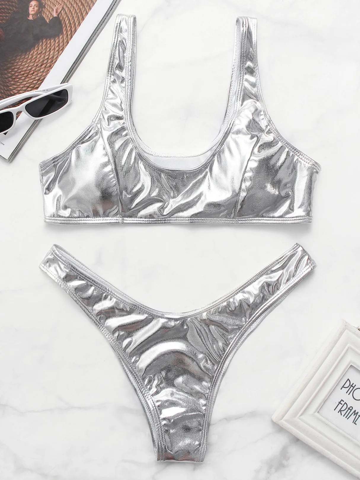 Wholesale Scoop Neck Plain High Waist 2 Piece Bikini Sets