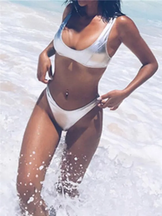 Wholesale Scoop Neck Plain High Waist 2 Piece Bikini Sets