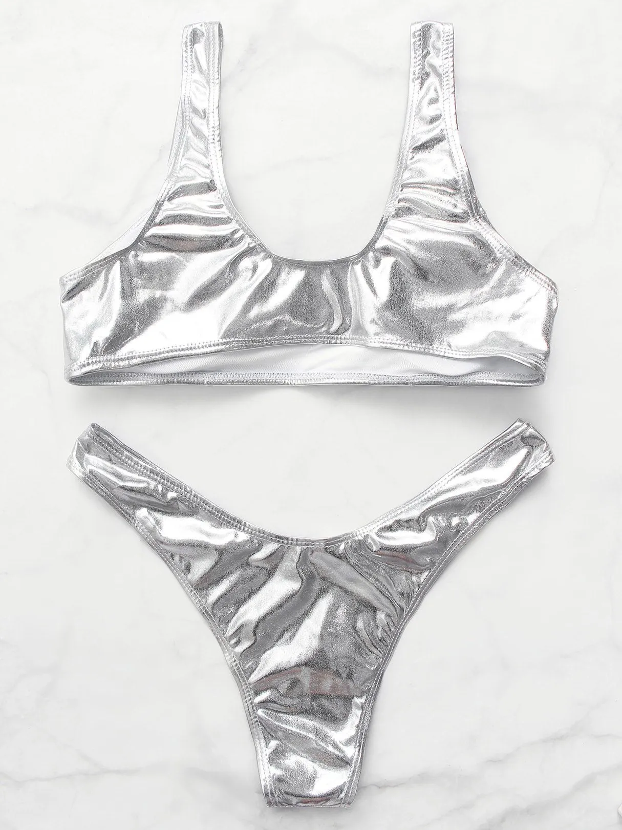 Wholesale Scoop Neck Plain High Waist 2 Piece Bikini Sets