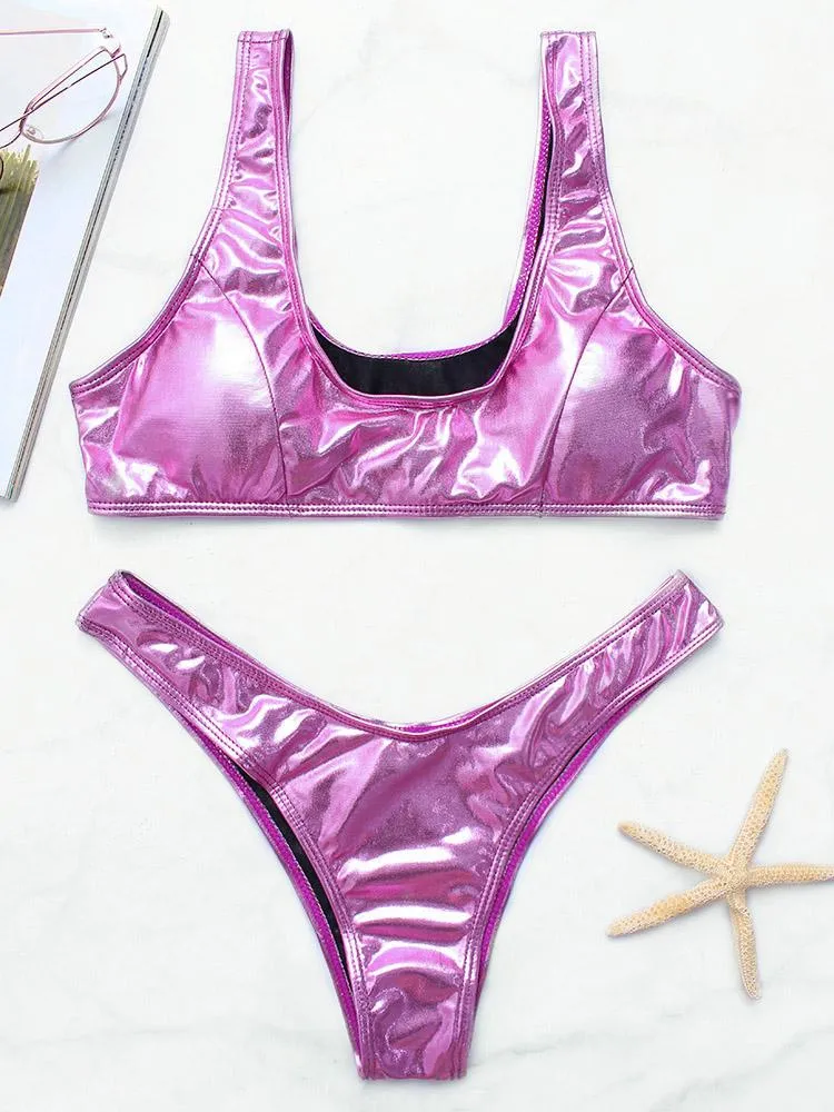 Wholesale Scoop Neck Plain High Waist 2 Piece Bikini Sets
