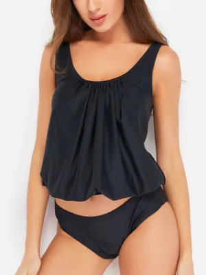 Wholesale Scoop Neck Sleeveless Geometrical Pleated Tankinis