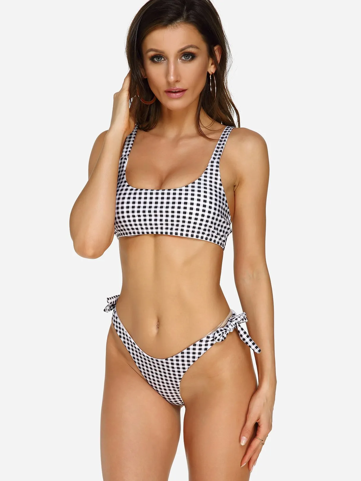 Wholesale Scoop Neck Sleeveless Grid Self-Tie Bowknot Bikinis