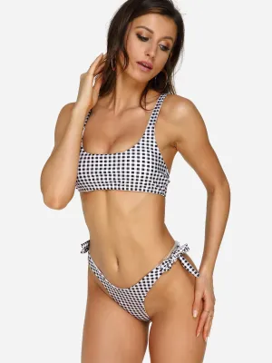 Wholesale Scoop Neck Sleeveless Grid Self-Tie Bowknot Bikinis
