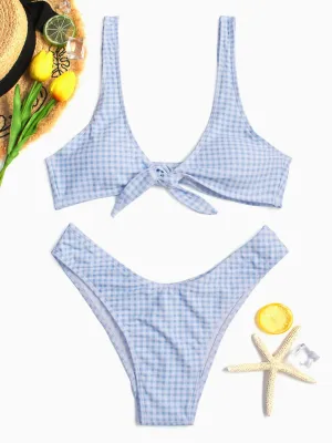 Wholesale Scoop Neck Sleeveless Grid Tie-Up Two Piece Bikinis