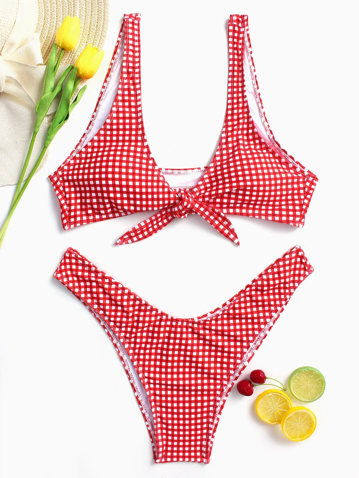 Wholesale Scoop Neck Sleeveless Grid Tie-Up Two Piece Bikinis