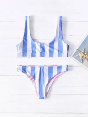 Wholesale Scoop Neck Stripe Backless Sleeveless Blue Bikinis