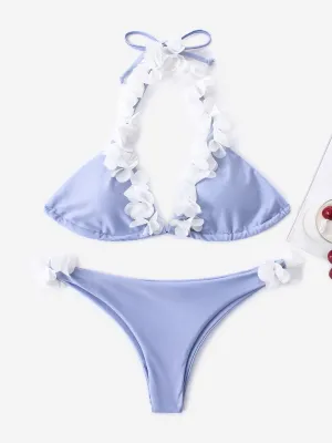 Wholesale Sky Blue Halter Sleeveless Backless Two Piece Bikinis