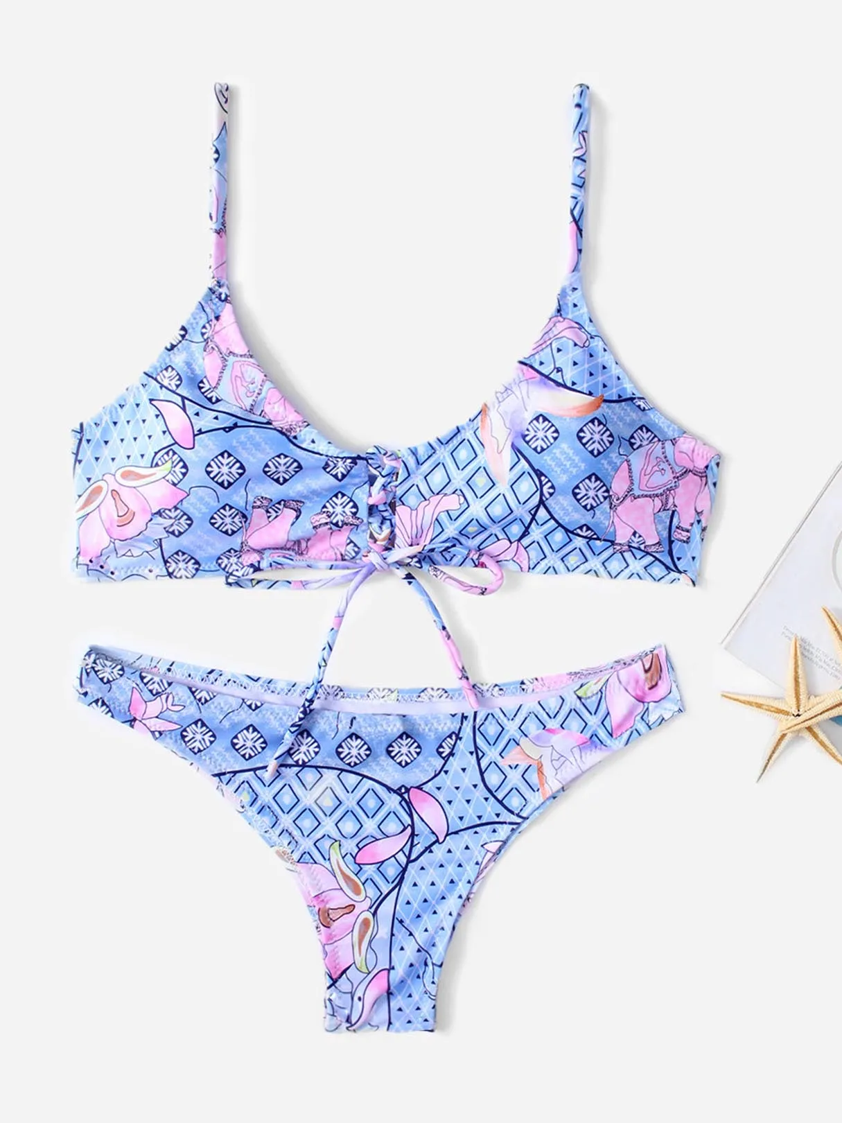 Wholesale Sky Blue Halter Sleeveless Floral Print Two Piece Bikinis