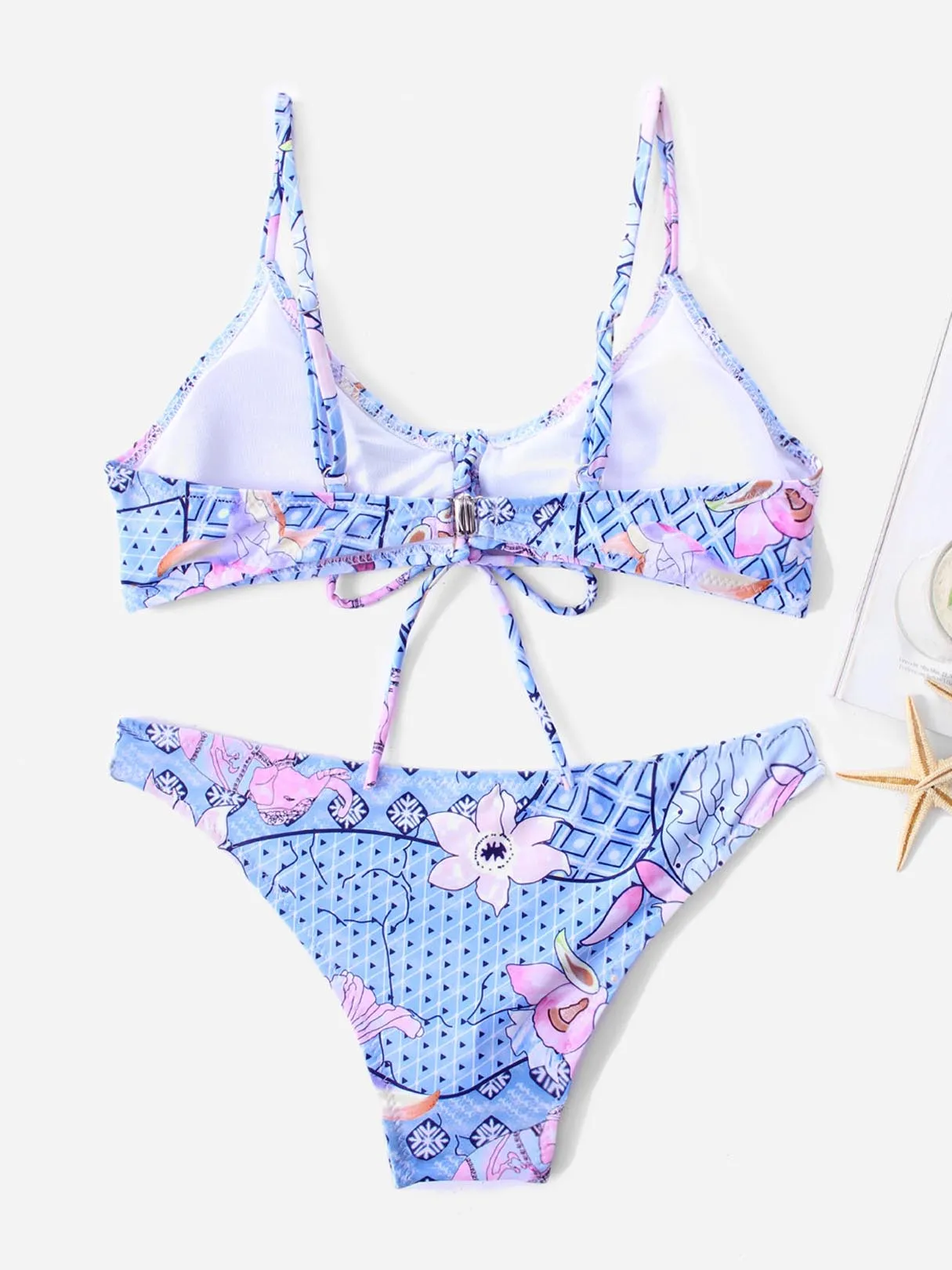 Wholesale Sky Blue Halter Sleeveless Floral Print Two Piece Bikinis