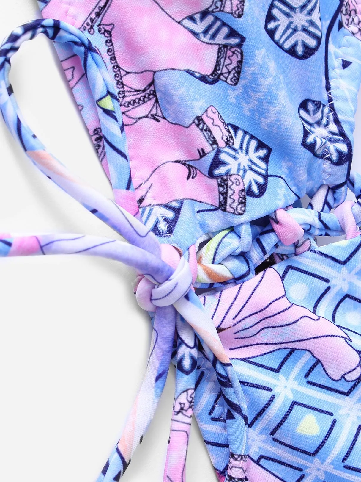 Wholesale Sky Blue Halter Sleeveless Floral Print Two Piece Bikinis