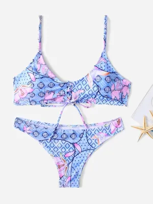 Wholesale Sky Blue Halter Sleeveless Floral Print Two Piece Bikinis