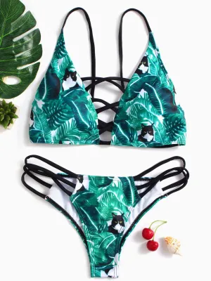 Wholesale Sleeveless Floral Print Hollow Spaghetti Strap Bikinis