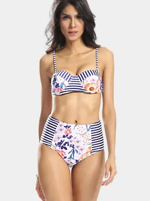 Wholesale Sleeveless Stripe Floral Print Bikini Swimsuit