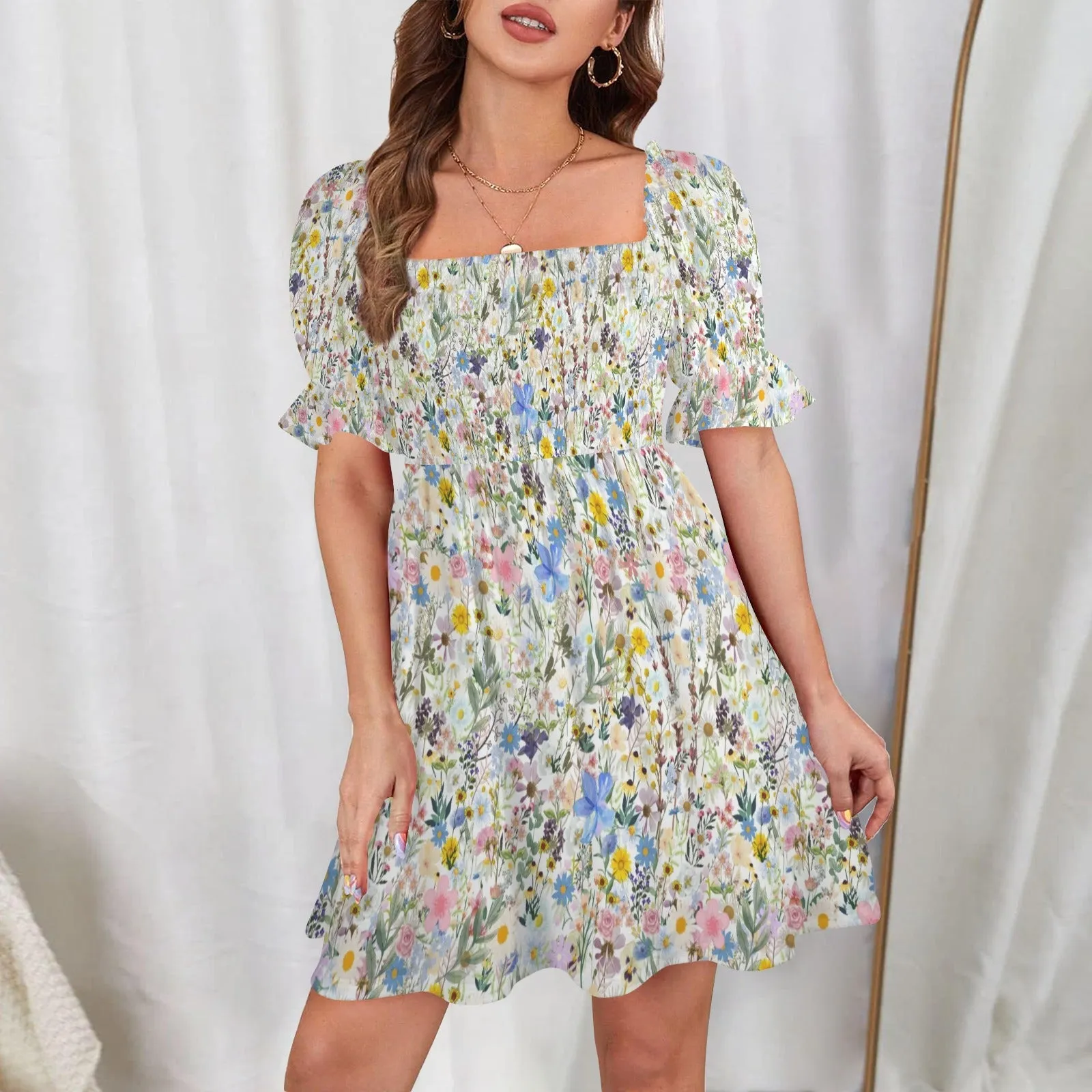 Wildflowers Cottage Garden Ruffles Square Neck Dress up to 5 XL (FWS)