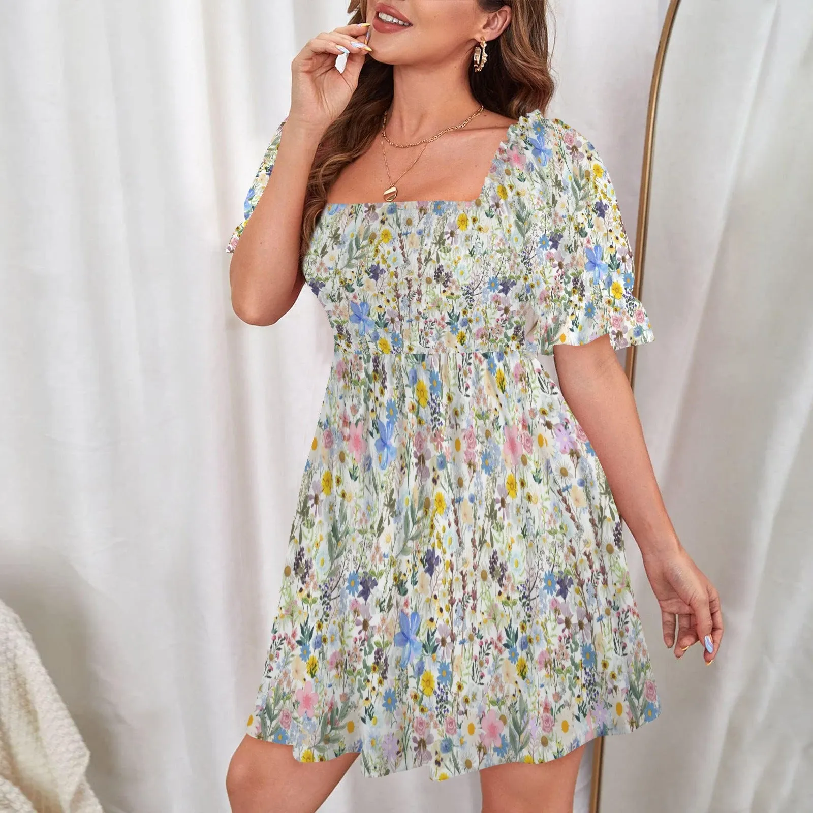 Wildflowers Cottage Garden Ruffles Square Neck Dress up to 5 XL (FWS)