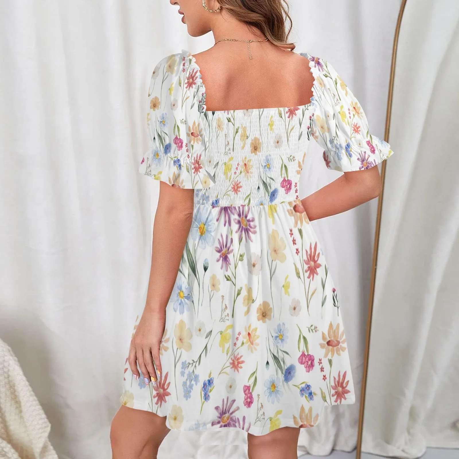Wildflowers Painted White Ruffles Square Neck Dress up to 5 XL (FWS)