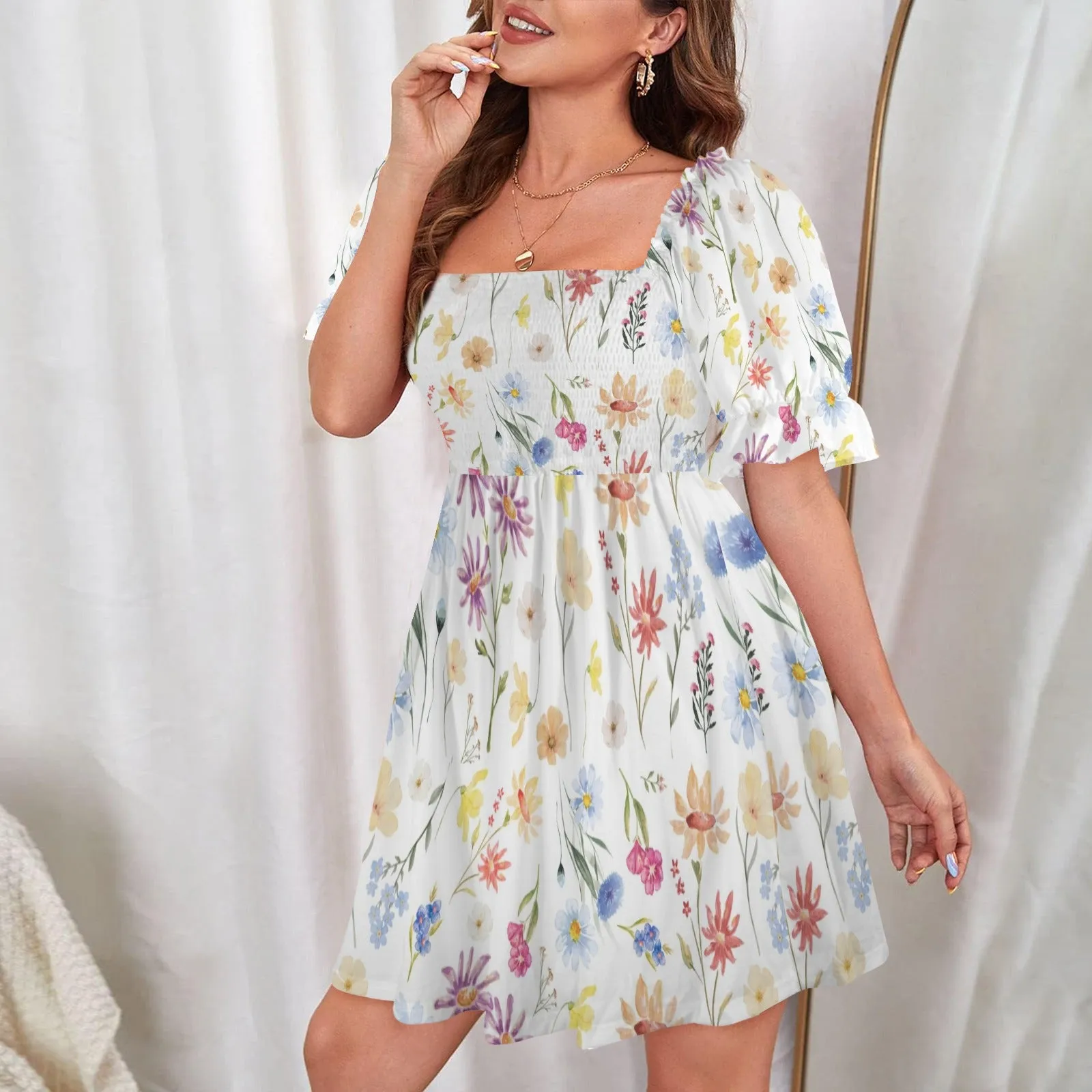 Wildflowers Painted White Ruffles Square Neck Dress up to 5 XL (FWS)