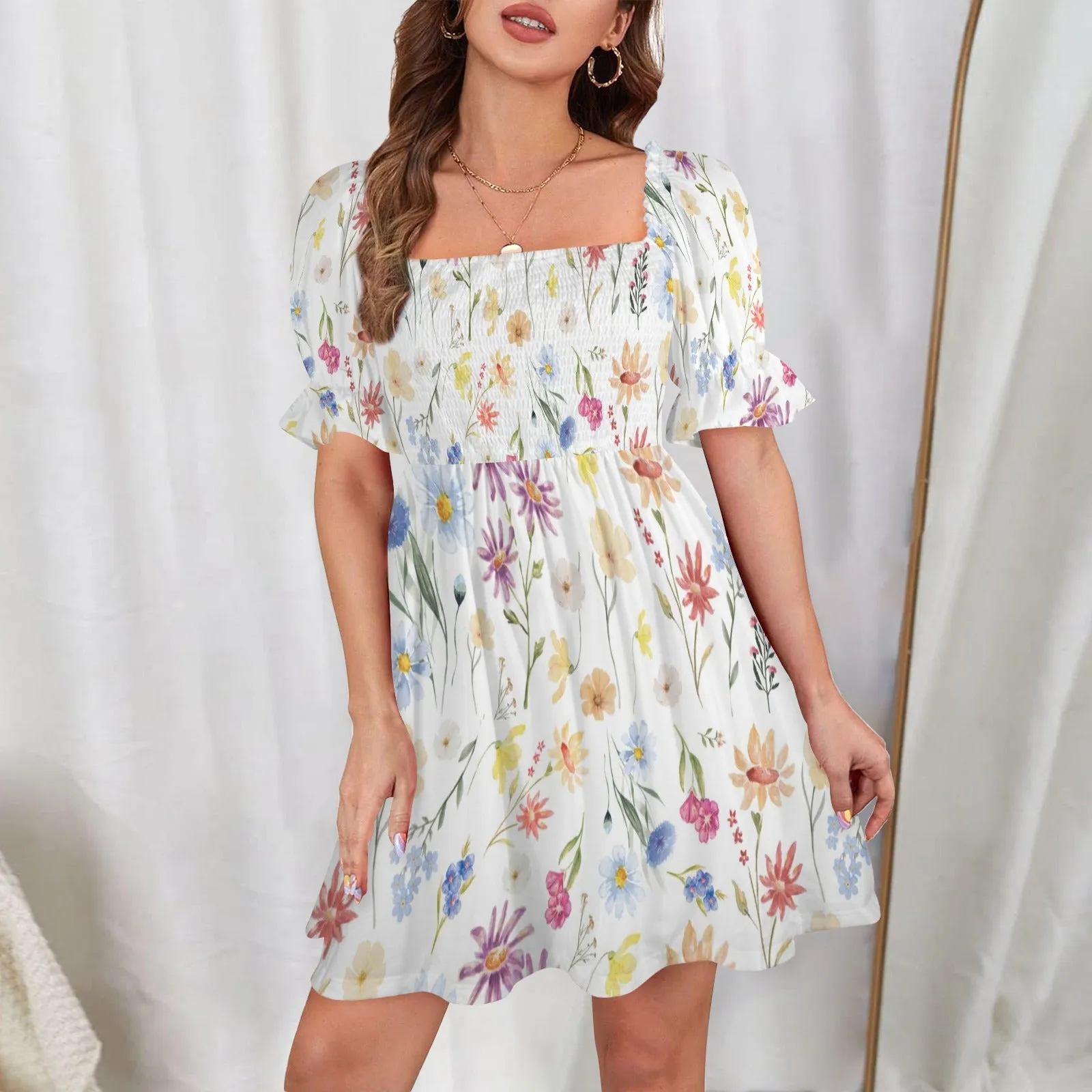 Wildflowers Painted White Ruffles Square Neck Dress up to 5 XL (FWS)