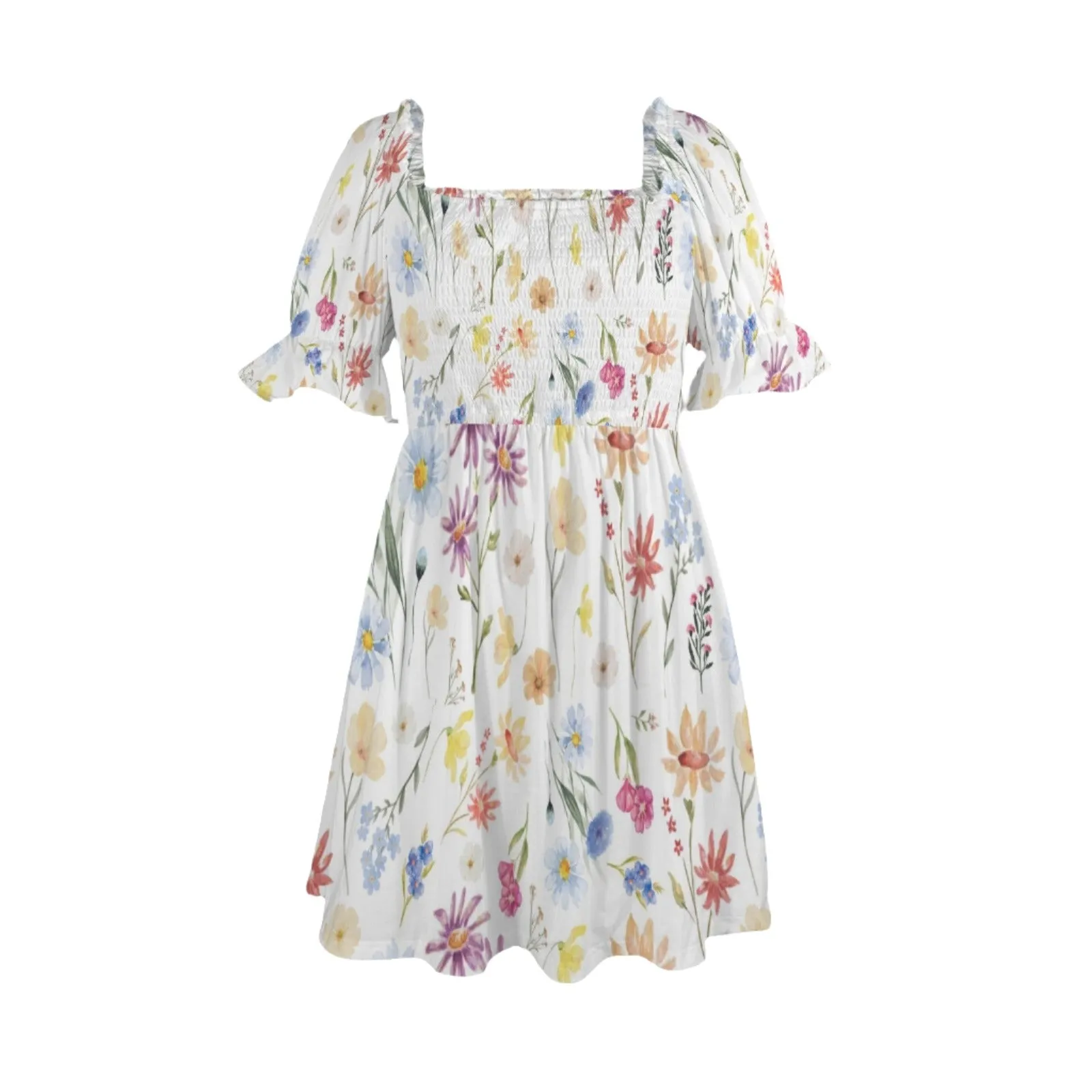 Wildflowers Painted White Ruffles Square Neck Dress up to 5 XL (FWS)