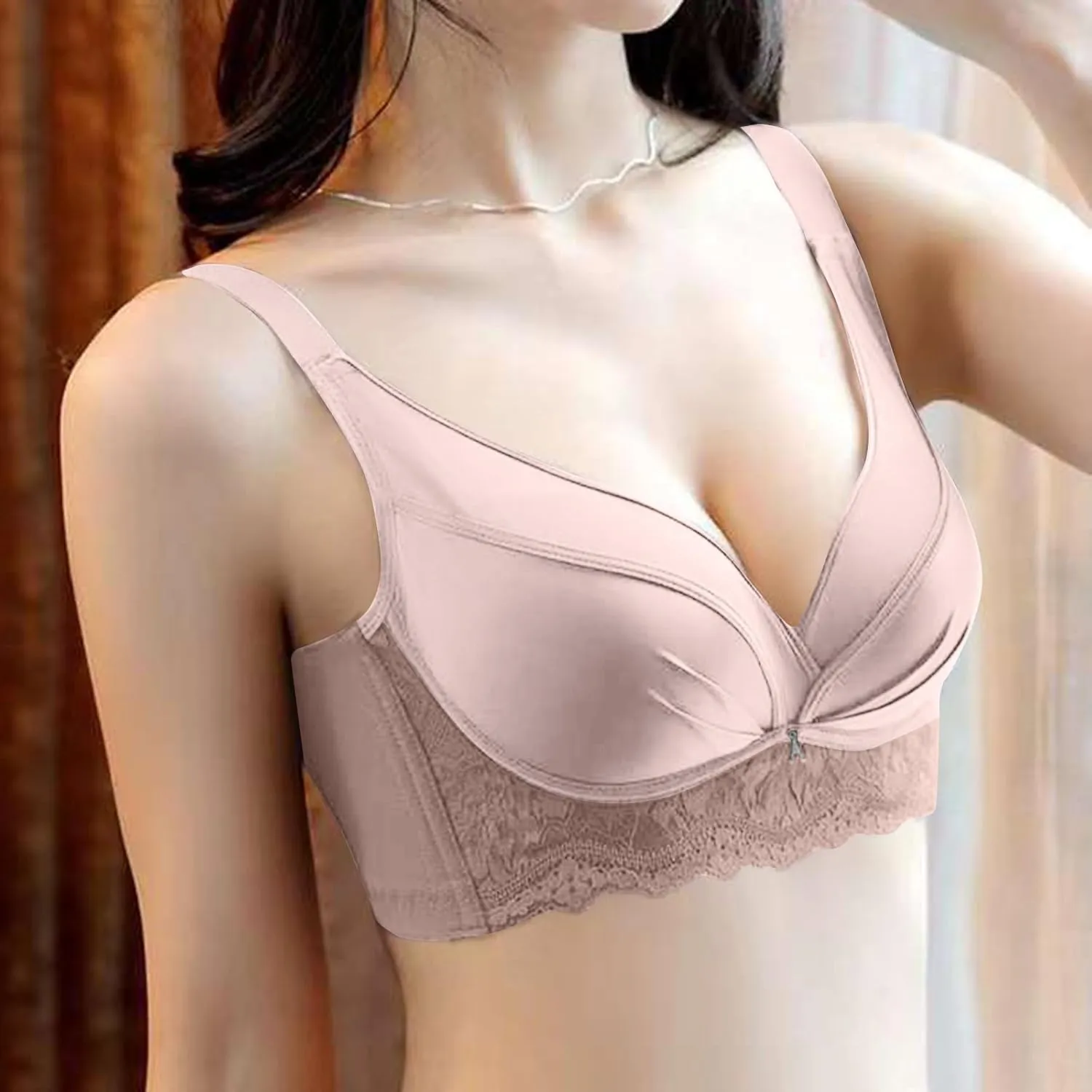 Wireless Lace Bras for Women Adjustable Straps No Underwire Comfort Seamless Bra Lift V Neck Push Up Everyday Bralette