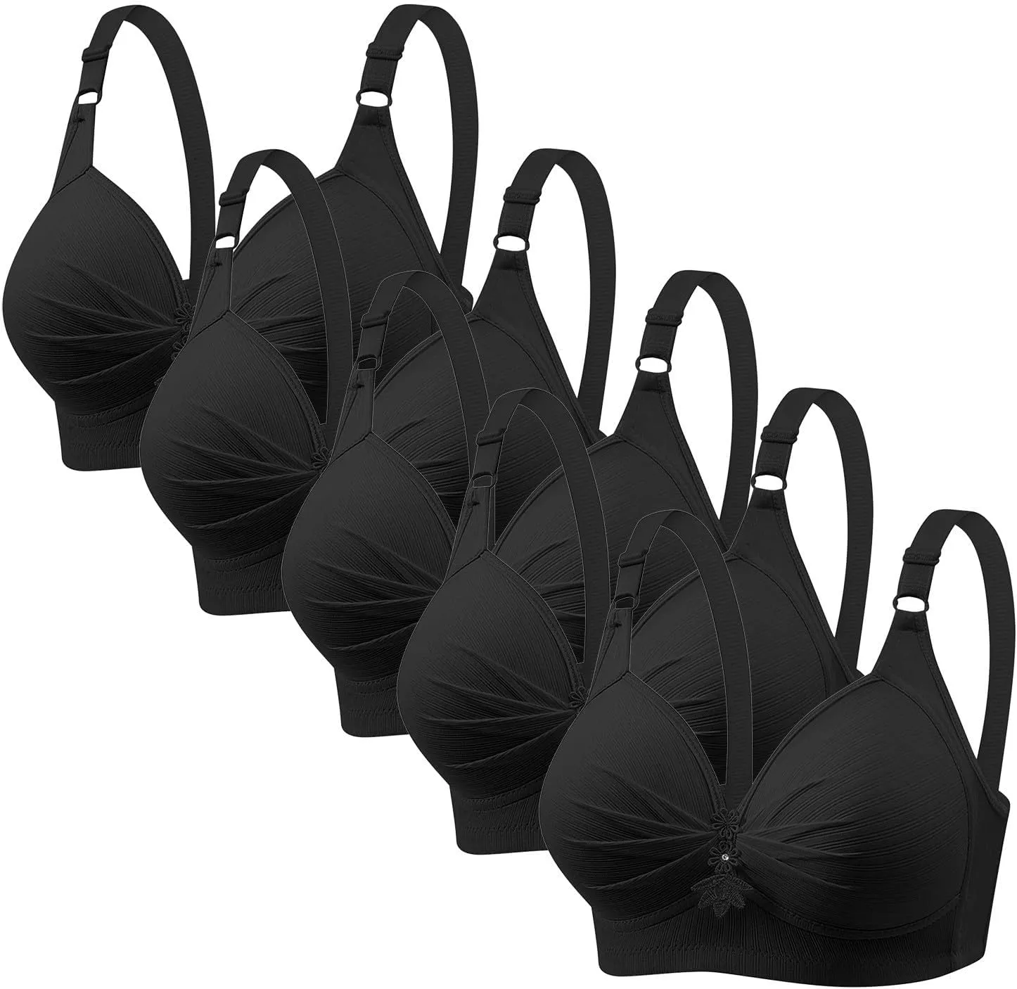 Women 5 Pack Full Cup Wireless Push Up Bra Sets Full Coverage V Neck Plus Size Breathable Bralette Solid Color Pack