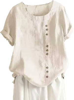 Women Button Up Shirts Cotton Linen Roll up Sleeve V Neck Soft Shirts Casual Loose Fit Work Blouse Tunic Top