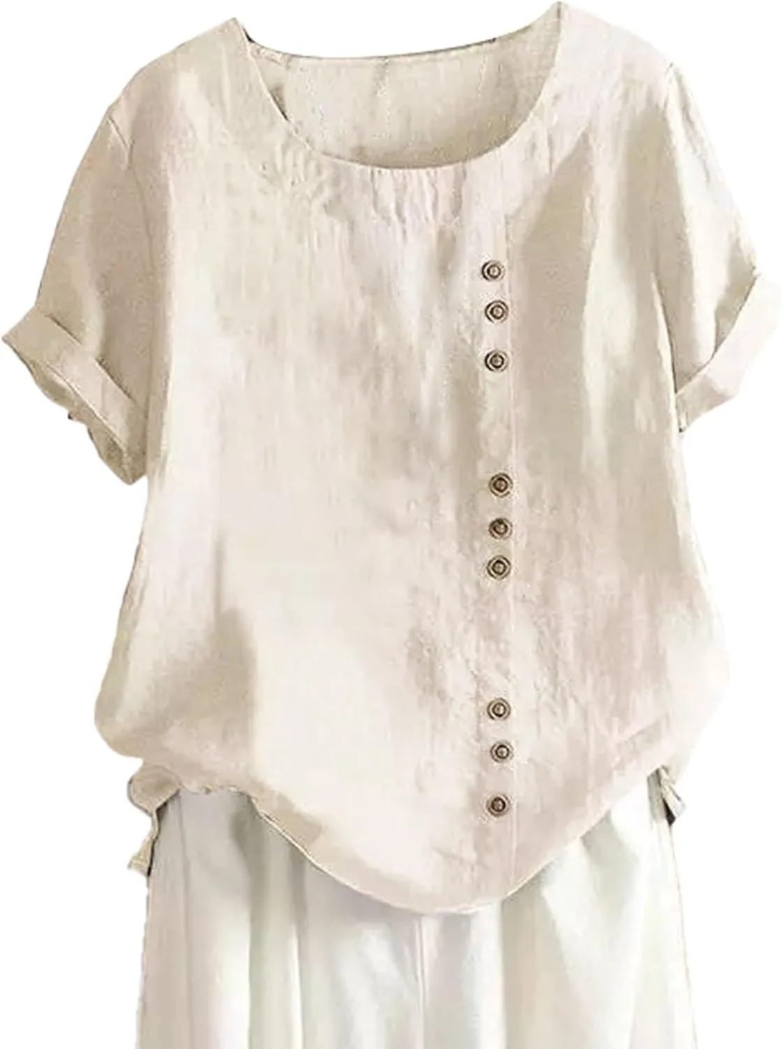 Women Button Up Shirts Cotton Linen Roll up Sleeve V Neck Soft Shirts Casual Loose Fit Work Blouse Tunic Top