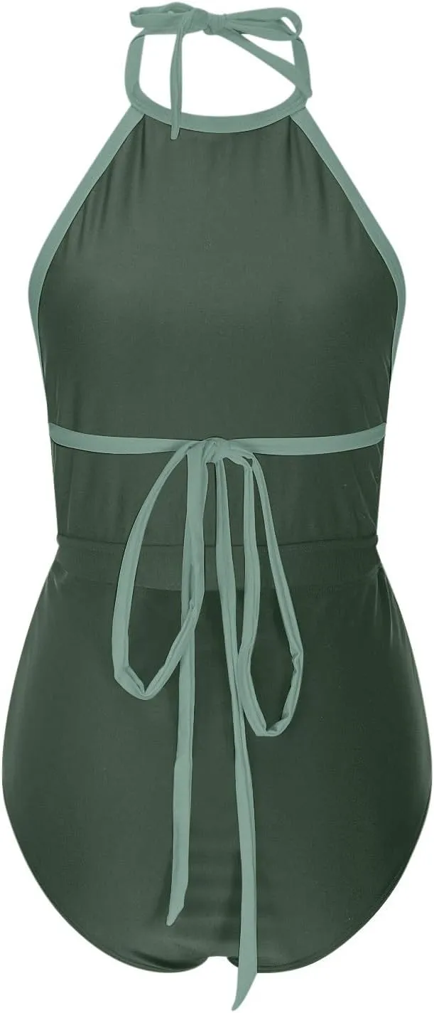 Women Color Block One Piece Swimsuit Tummy Control Swimwear Halter Neck Tie Backless Bathing Suit Sexy Swim Suits