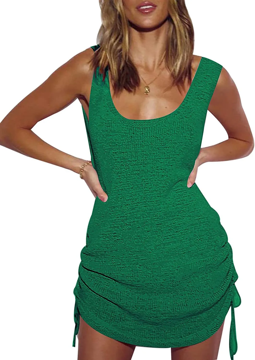 Women Crochet Bikini Cover Ups Summer Knitted Scoop Neck Beach Tank Dress