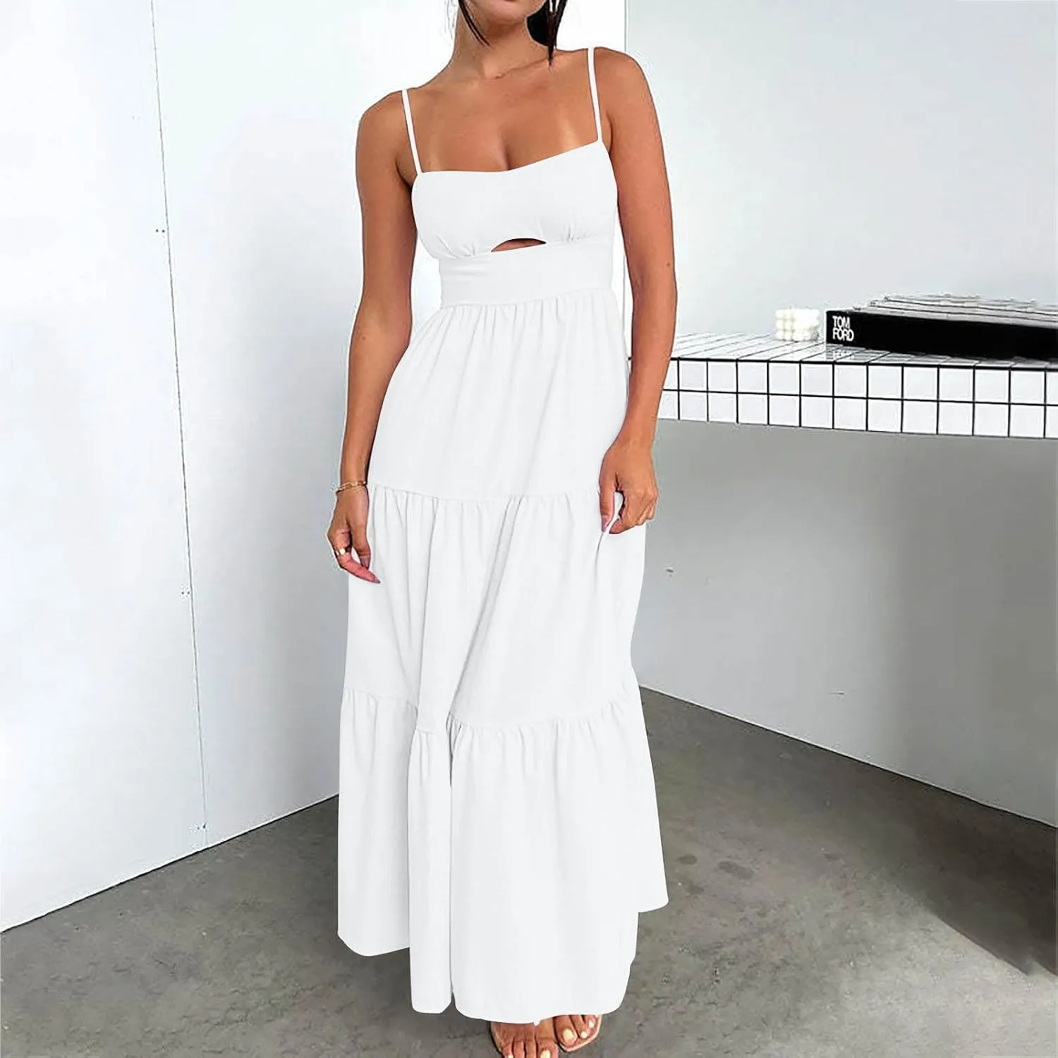 Women Cut Out Cami Dress Sexy Tube High Waist Tunic Dresses Zipper Back Pleated Tiered Dress Cocktail Evening Dress