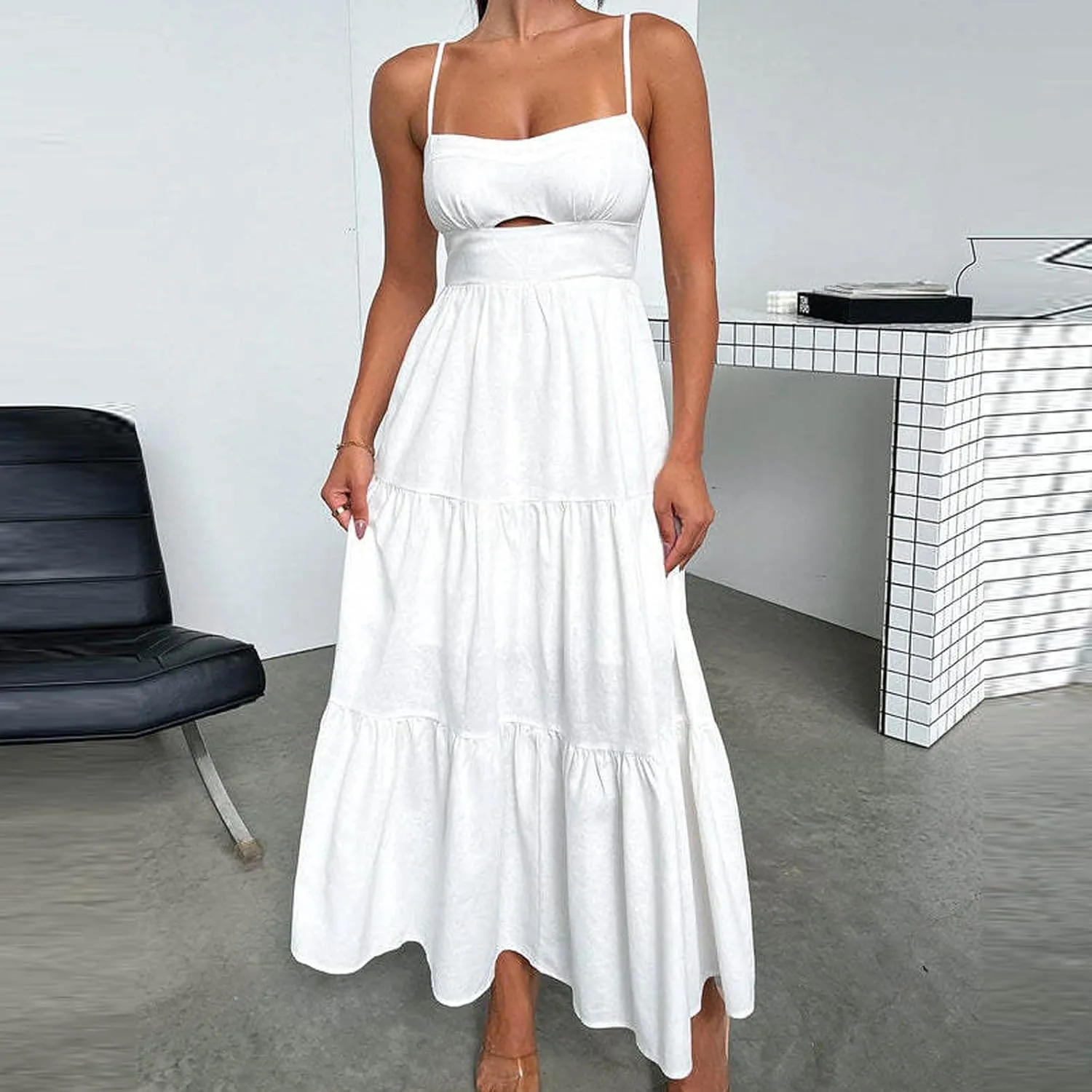 Women Cut Out Cami Dress Sexy Tube High Waist Tunic Dresses Zipper Back Pleated Tiered Dress Cocktail Evening Dress