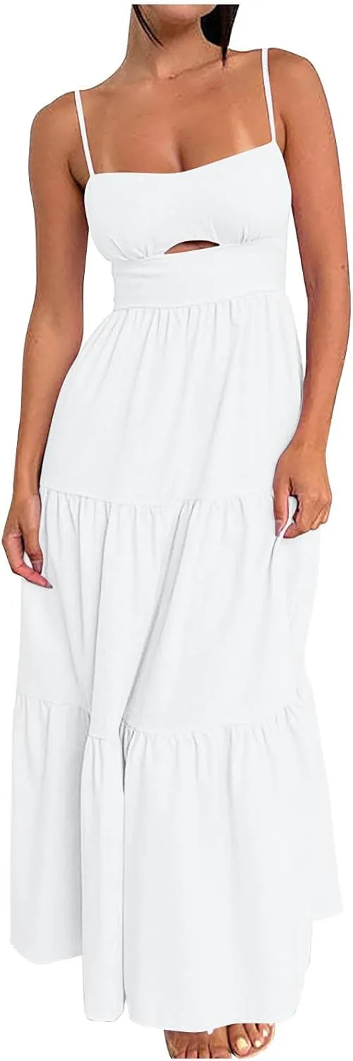 Women Cut Out Cami Dress Sexy Tube High Waist Tunic Dresses Zipper Back Pleated Tiered Dress Cocktail Evening Dress
