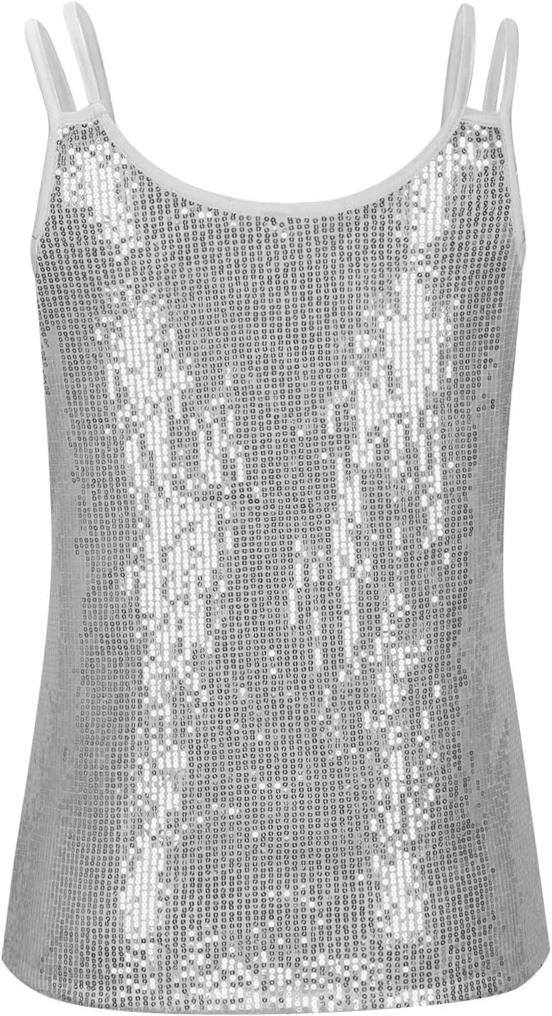 Women Disco Sequin Cami Tops Summer Sexy V Neck Sparkly Club Party Tank Tops Spaghetti Straps Glitter Concert Outfit