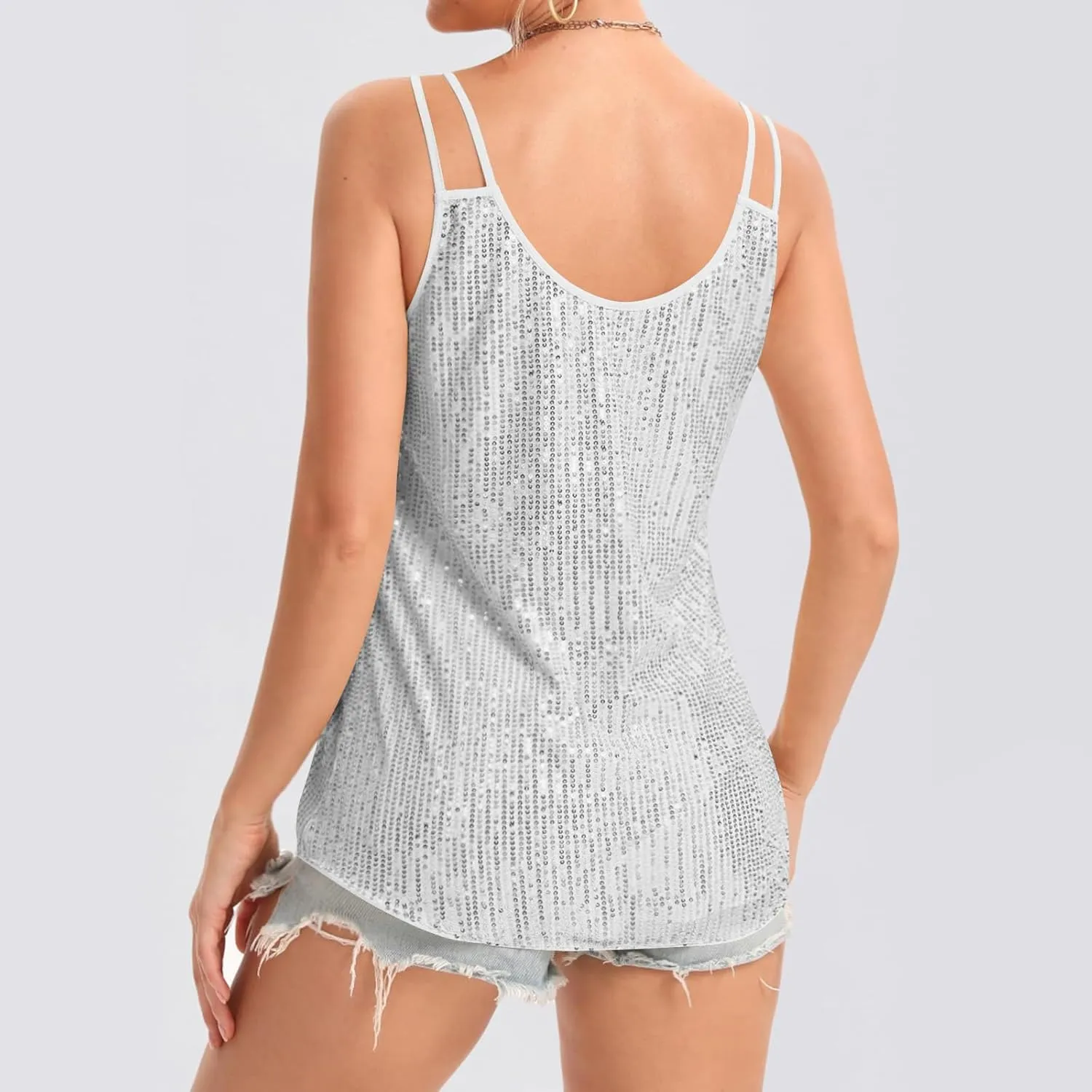 Women Disco Sequin Cami Tops Summer Sexy V Neck Sparkly Club Party Tank Tops Spaghetti Straps Glitter Concert Outfit